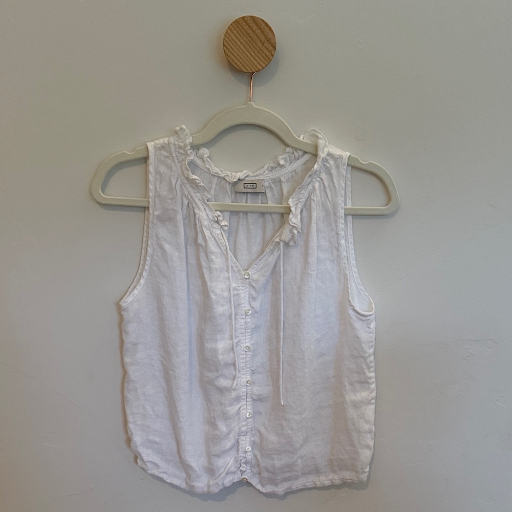 AYR Hazy Days White Linen Button-Up Sleeveless Blouse, Size S
